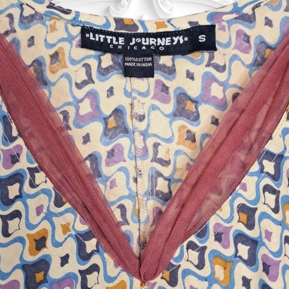 Little Journeys Chicago White Midi Dress With Purple Green Geometric Designs - Picture 4 of 5